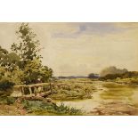 Claude Hayes (1852-1922) - Watercolour - Figure on a wooden river bridge, signed lower left, 21.