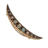 Late Victorian opal and diamond crescent brooch, unmarked, the eleven graduated oval cabochons