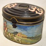 Toleware-style painted tin oval hat box decorated in the 19th Century tradition with a huntsman