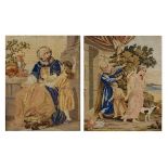 Pair of Victorian needlework tapestry panels illustrating Biblical narrative scenes, each 24.5cm x