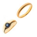 22ct gold wedding band, size T and a dress ring set sapphire coloured stone, the shank stamped