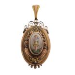 Victorian oval locket having painted panel depicting a maiden gathering flowers with seed pearl