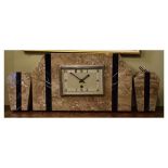 Art Deco marble and slate cased garniture de cheminee, the clock with rectangular dial having Arabic
