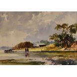 Roy Perry - Watercolour - Estuary scene with figures, signed lower left, 34cm x 46cm, framed and