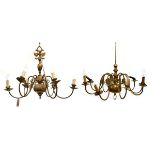 Dutch style brass six light ceiling chandelier, together with a similar eight branch example (2)