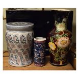 Chinese Canton Famille Rose cylindrical vase, together with a larger vase and a stool (3) Condition: