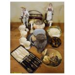 Assorted ceramics and collectables to include; pair of bisque figures, Royal Worcester posy basket