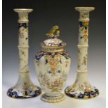 French Rouen faience ovoid jar and cover having stylised foliate decoration, together with a pair of