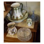 Assorted ceramics and glass to include a Keeling's Losol Ware jug, a three piece toilet set of