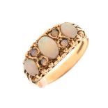 9ct gold dress ring set three graduated oval opals and four small circular opals, size Q, 3.8 g