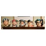 Five Royal Doulton large character jugs - The Falconer D.6533, The Lumberjack D.6610, Rip Van Winkle