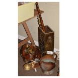 Assorted metal work to include; sheet brass stickstand, bed warming pan, copper coal helmet,