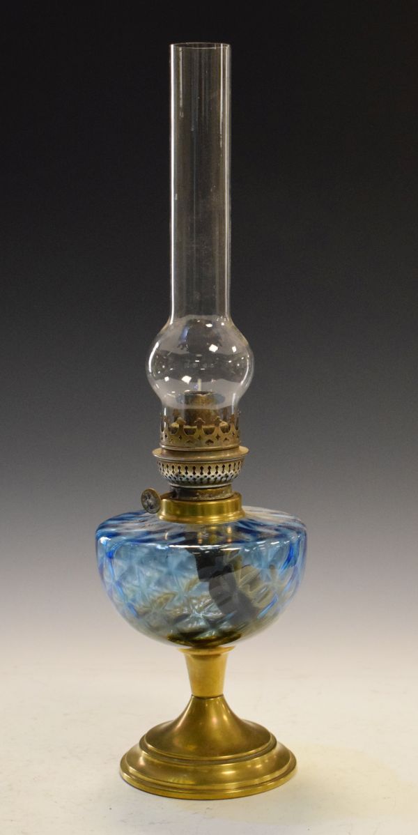 Late 19th/early 20th Century French brass and blue glass paraffin lamp Condition: