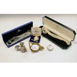Lady's 800 standard white metal fob watch, together with a brass-cased pocket watch with Roman
