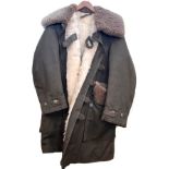 Vintage Swedish military winter coat with khaki green canvas outer and sheepskin lining, assorted
