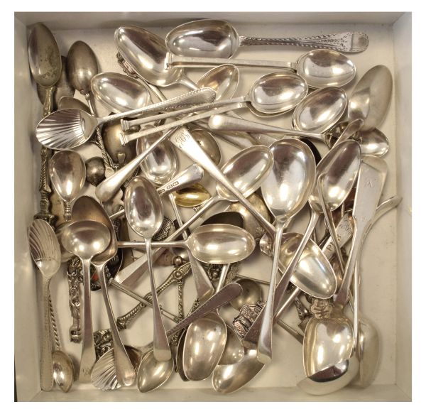 Large assortment of silver, white metal and plated spoons to include; teaspoons, souvenir spoons,