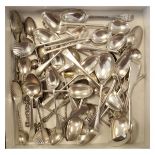 Large assortment of silver, white metal and plated spoons to include; teaspoons, souvenir spoons,