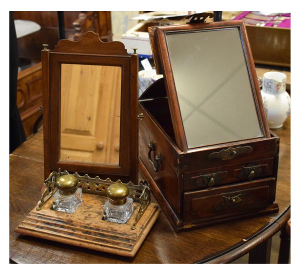 Chinese Provincial stained pine dressing box, the hinged cover revealing easel mirror over base