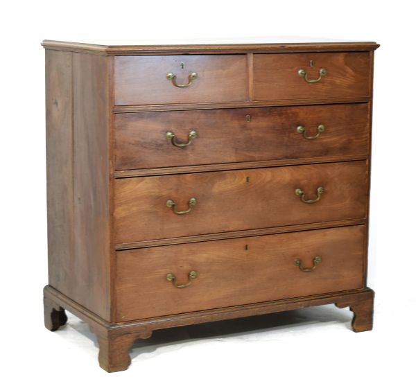 19th Century mahogany chest of two short and three long graduated drawers having brass swan neck