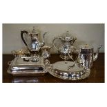 Selection of silver plated items to include; three piece coffee service, lidded flagon with mask