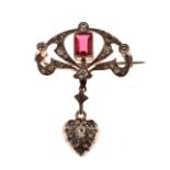 Edwardian style bar brooch with pendant drop set red and white stones, stamped 935 and sterling