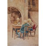 Late 19th/early 20th Century Italian School - Watercolour - Courtyard scene with three men playing