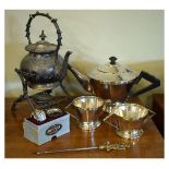 Assorted plated wares to include; Art Deco three piece plated tea service, spirit kettle on