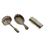 Three items of silver comprising a George III shell caddy spoon, no assay mark, an unmarked white