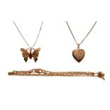 Butterfly pendant stamped 10k on fine chain, a heart shaped locket stamped 14k GF on fine chain, and