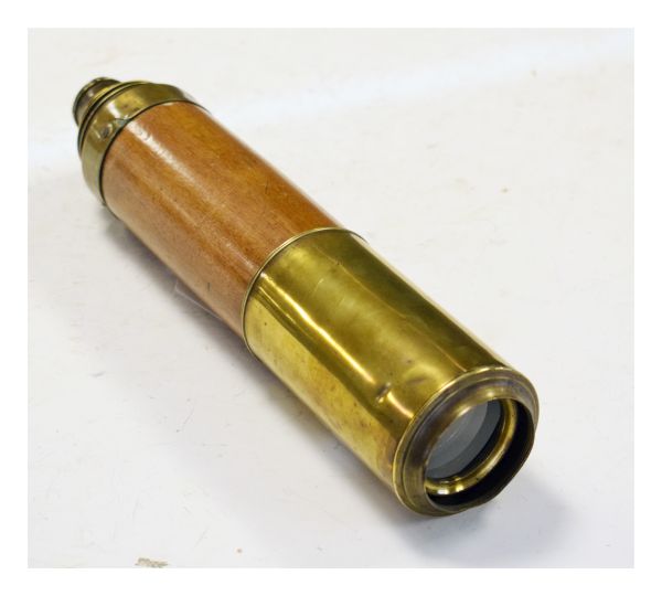 19th Century mahogany and brass three-draw telescope with wooden barrel and brass pull-out sunshade,