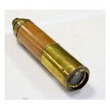 19th Century mahogany and brass three-draw telescope with wooden barrel and brass pull-out sunshade,