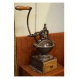 Vintage French coffee grinder with crank handle, the base cast Peugeot Freres over base drawer