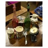 Assorted collectables to include; two flash/cut Hock bottles, one with red stain the other green,