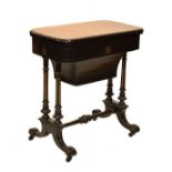 Victorian ebonised and burrwood work/games table, the fold-over top opening to reveal a chessboard