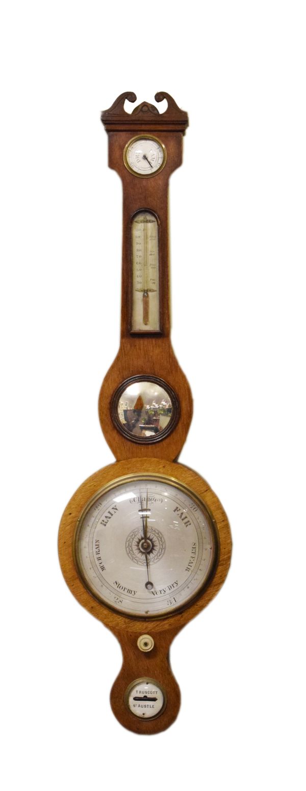 19th Century mahogany cased wheel barometer by Truscott of St Austle (sic), having a silvered