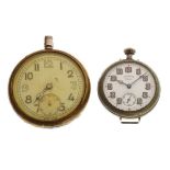 Military issue top wind pocket watch, the white dial with Arabic numerals, the case reverse