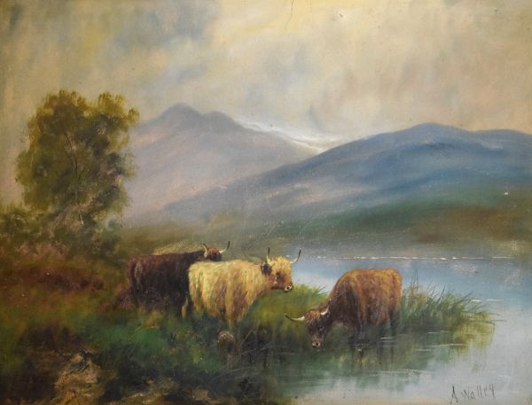 A.Walley - Early 20th Century oil on board - Highland landscape with cattle, signed, 48cm x 70.