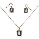 Suite of jewellery comprising: pendant on fine chain and a pair of earrings, all set rectangular