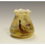 Early 20th Century Royal Worcester blush ivory porcelain vase decorated with a cock and hen