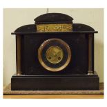 Late 19th Century French black slate cased architectural style mantel clock, the dial with Roman