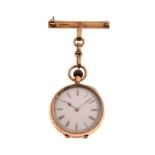 Lady's fob watch, the engraved case stamped 14k, having white enamel Roman dial, together with a 9ct