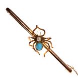 Spider design bar brooch, the spider set turquoise and seed pearls, stamped 9ct, 8g approx