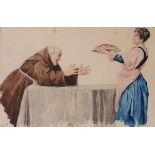 Late 19th/early 20th Century Italian School - Watercolour - Humorous scene with a lady serving
