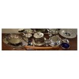Assorted plated wares, to include; an oval biscuit barrel on stand with swan finial, oval entrée/