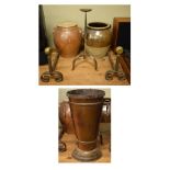 Assorted metal work and ceramics to include; a pair of brass and iron firedogs, pricket candlestick,