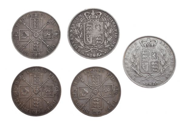 Five Victorian silver Crowns - 1844, 1845, 1889 (2) and 1890 (5) Condition: