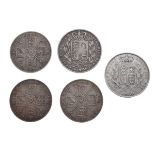 Five Victorian silver Crowns - 1844, 1845, 1889 (2) and 1890 (5) Condition: