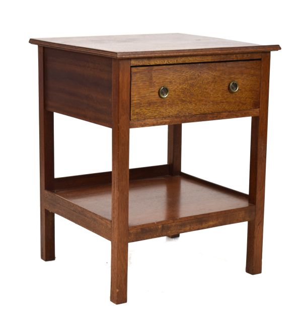 Mahogany side table having a moulded square top over single drawer and under shelf Condition: