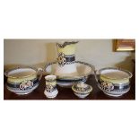 Burleigh Ware six piece transfer printed pottery toilet set comprising: wash hand jug, basin, pair