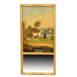 Gilt-framed pier mirror having a large painted scene of a huntsman, attendant and dogs before a